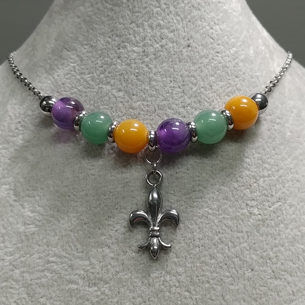 Mardi Gras Gemstone Fleur De Lis Necklace Amethyst Aventurine Jade Stainless NEW